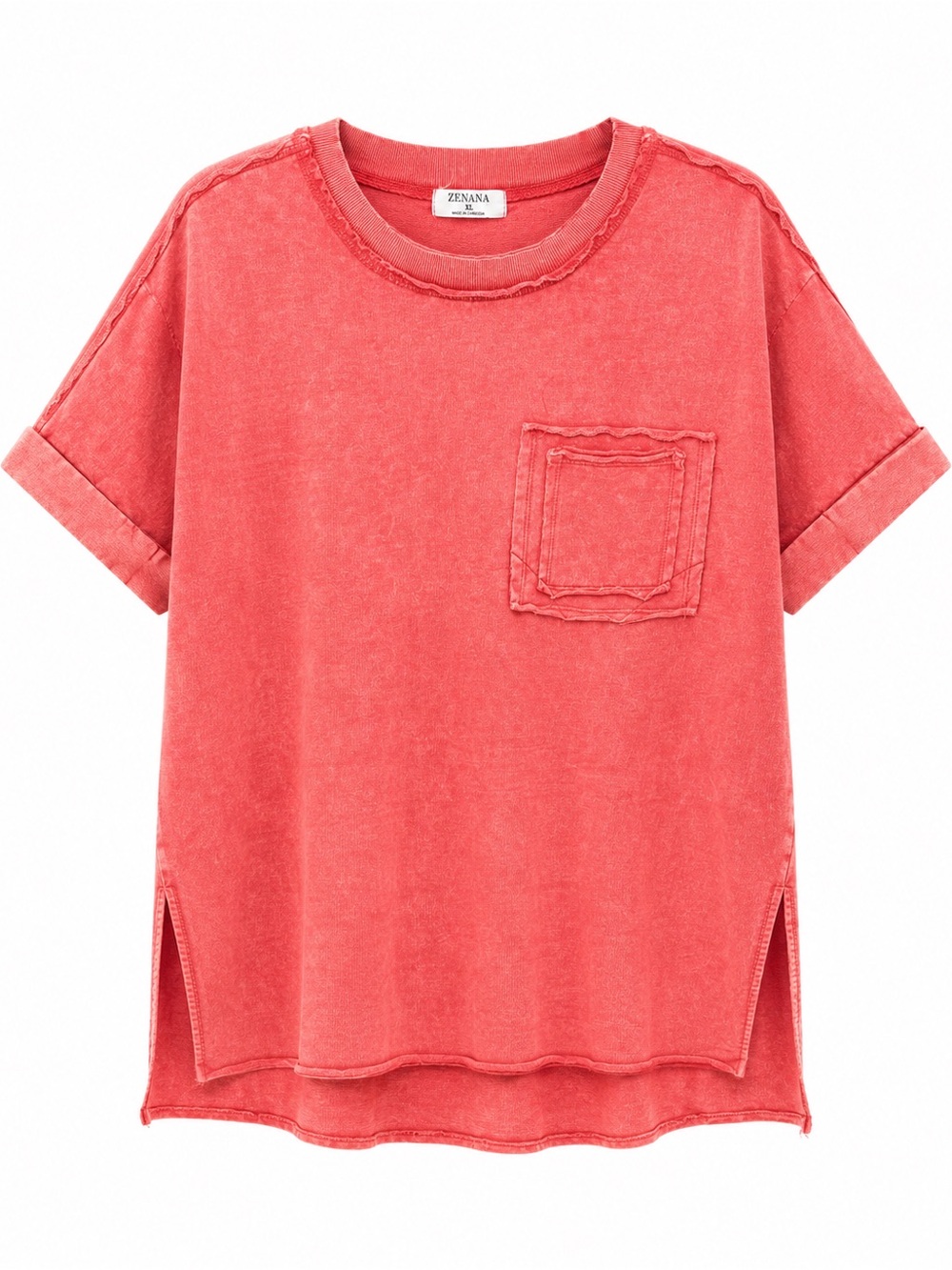 Zenana Outfitters Womens Washed Coral Short-Sleeve Pocket Tee